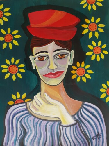 Femme au chapeau rouge sur tapisserie à fleurs